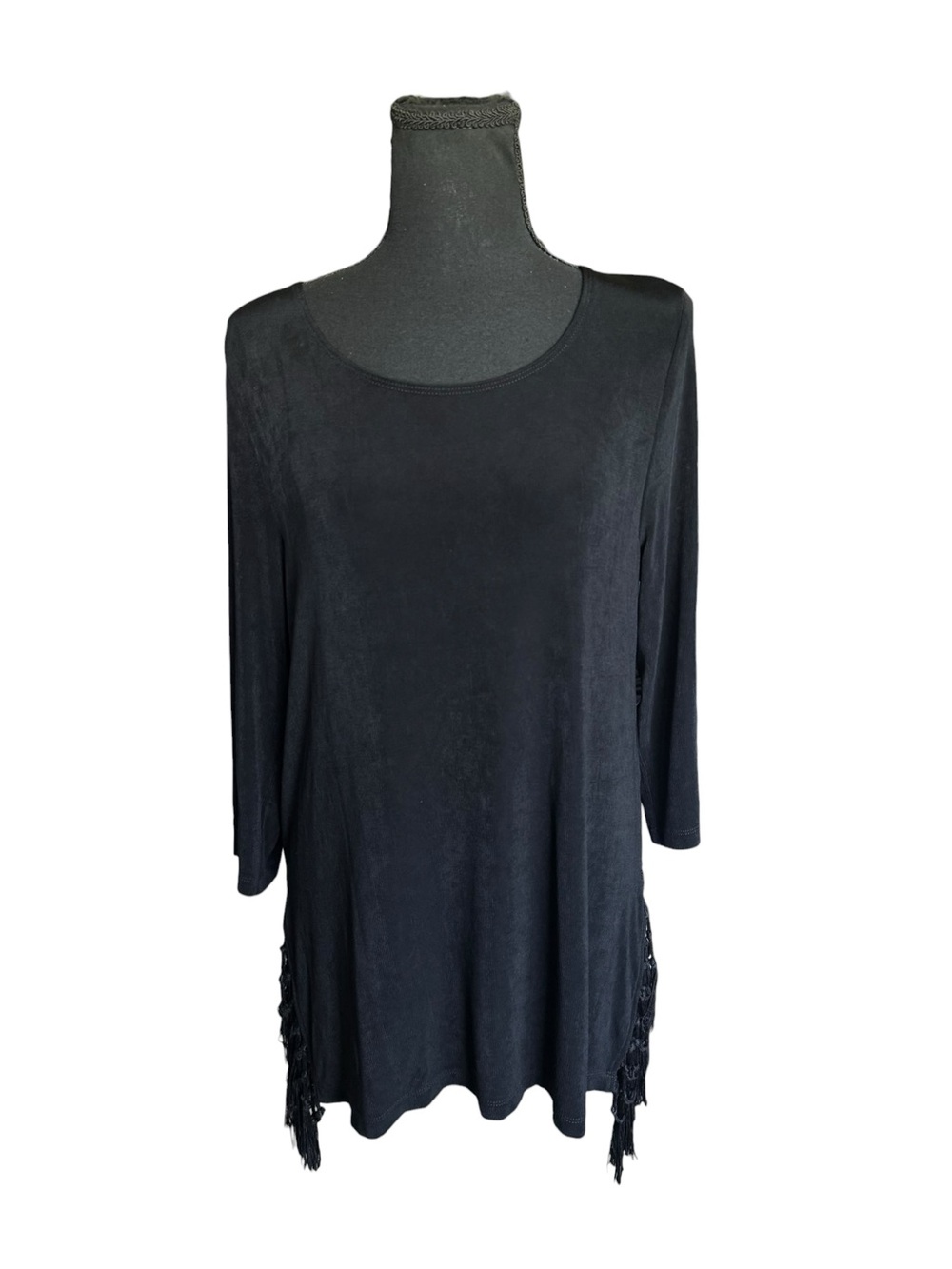 Chico’s Travelers Black Fringe Tunic Top Size 1 Medium Boho Lagenlook Stretch